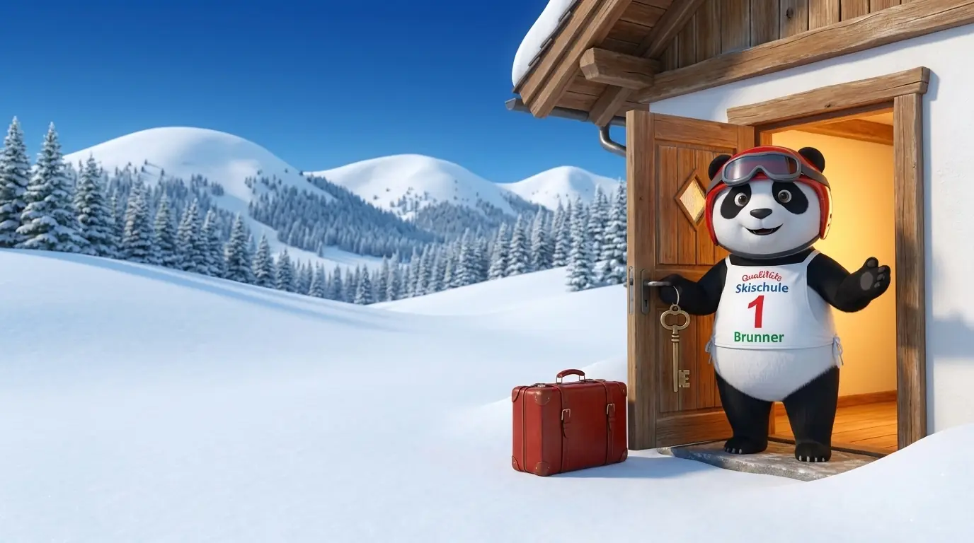 Panda-Maskottchen öffnet mit einem großen Schlüssel die Tür zum Appartement