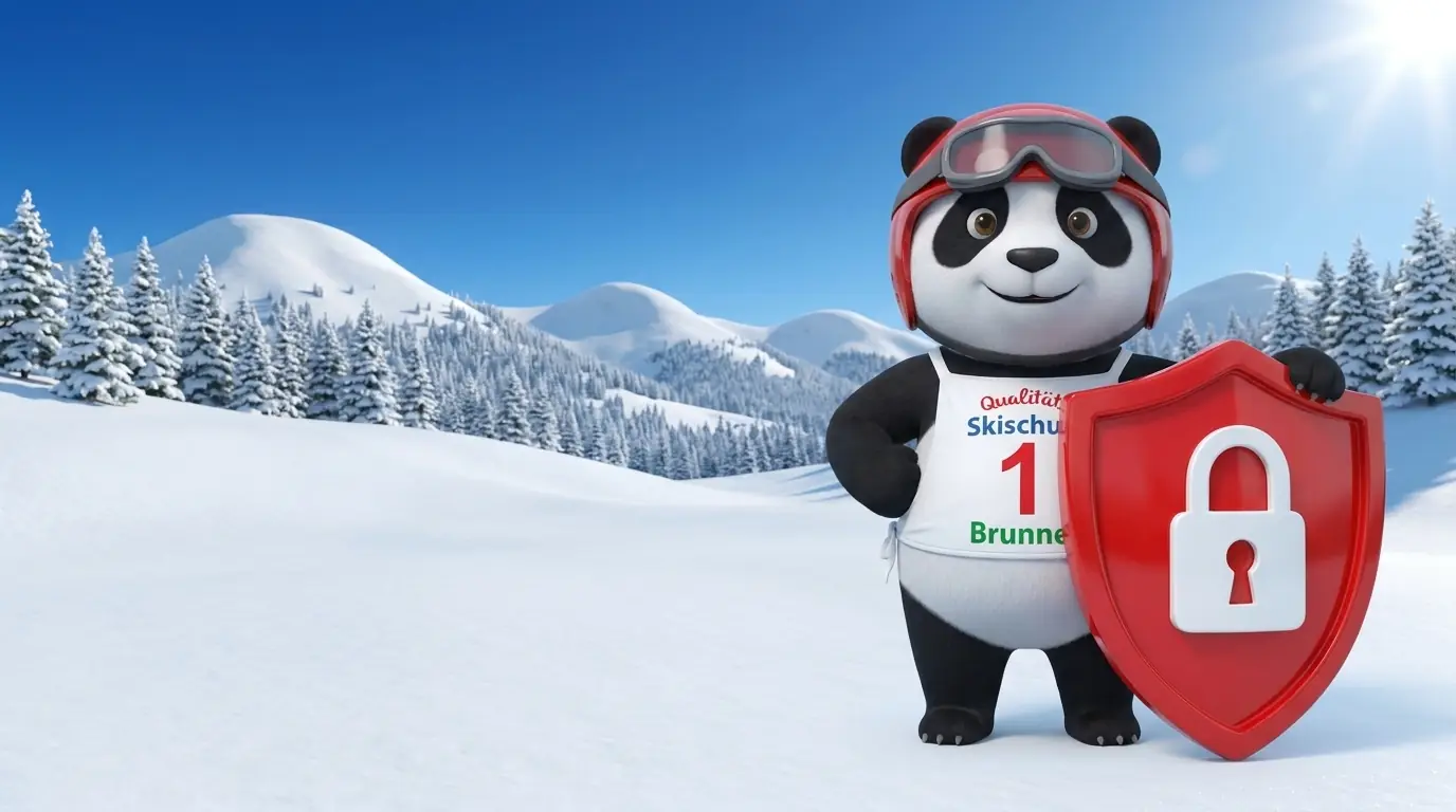 La mascotte panda tiene uno scudo rosso con un lucchetto