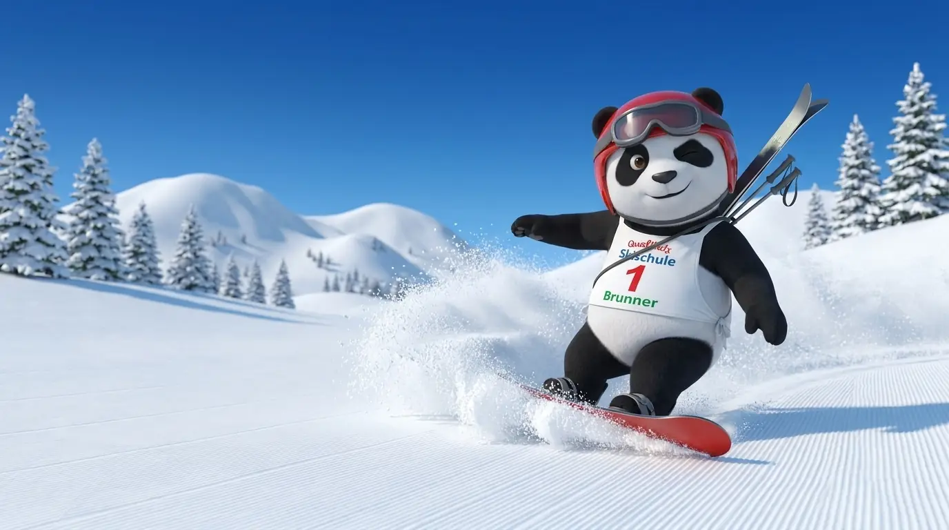 Panda mascot snowboarding with cross-country skis on his back