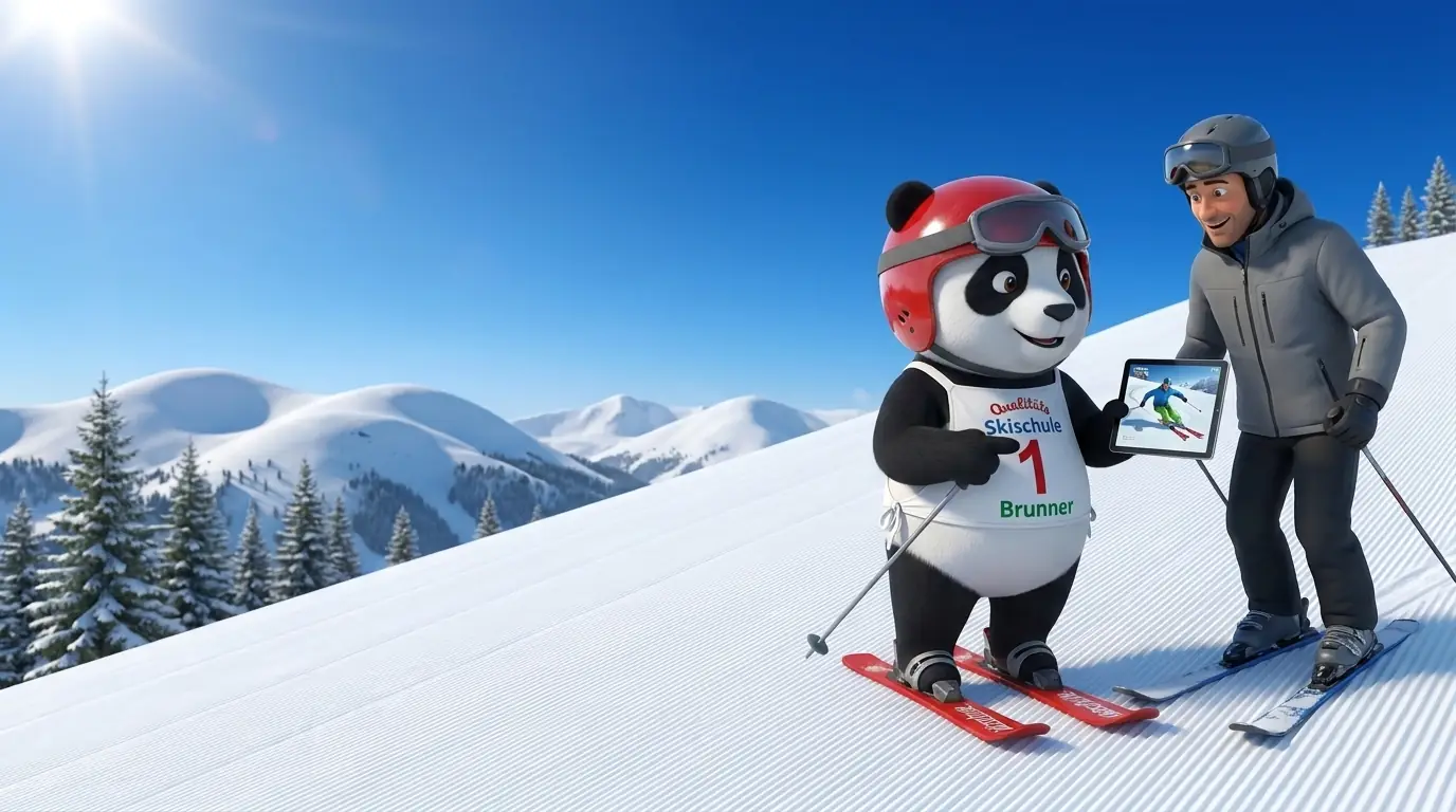 Panda mascot showing an adult skier a turn analysis on a tablet
